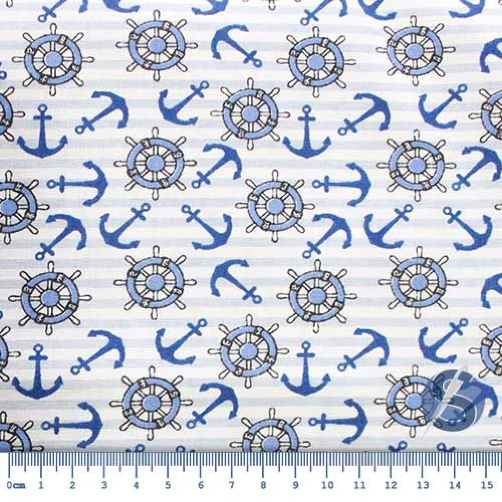 Tecido Tricoline Branco com Listras Azul e Desenho Naval 