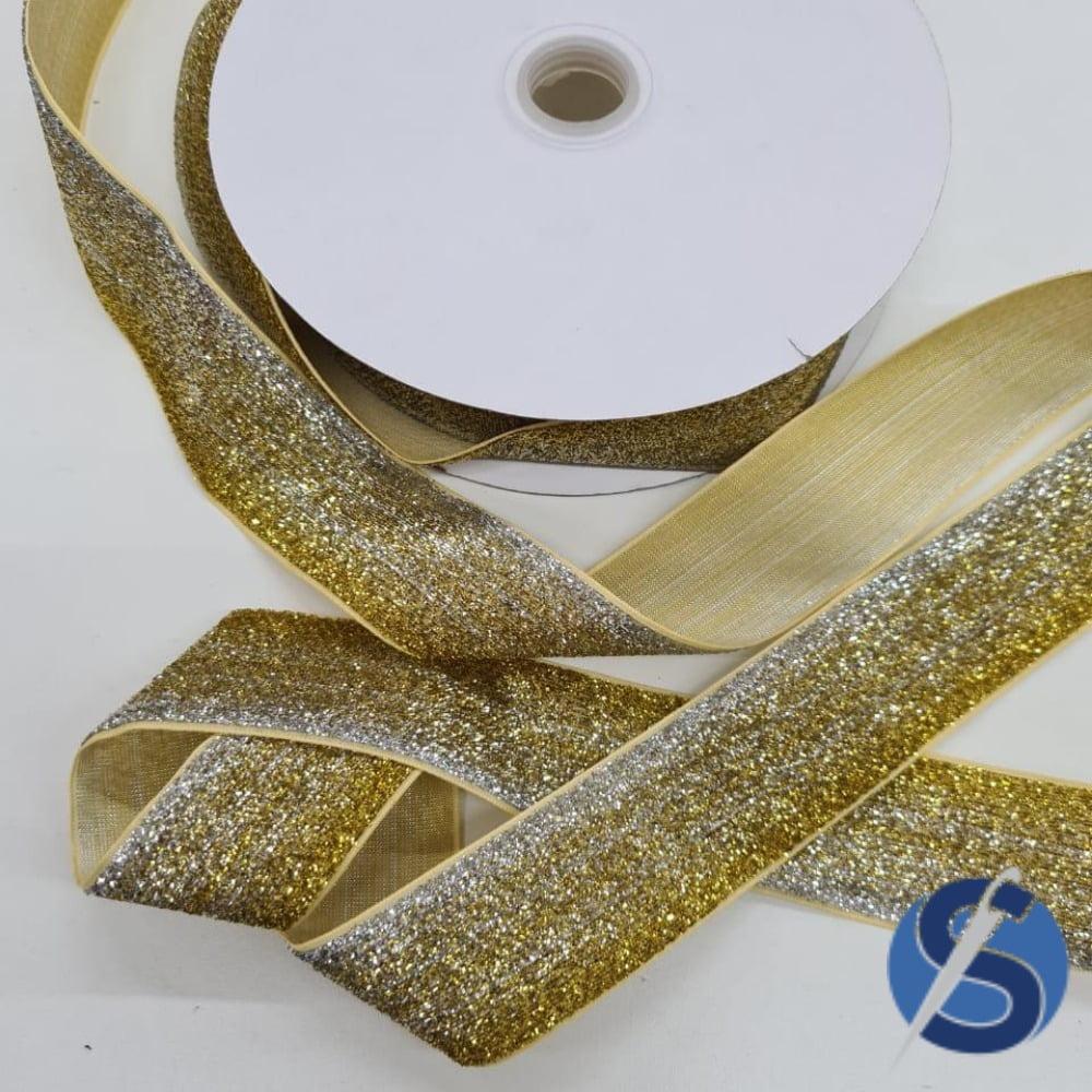 Fita Glitter Dourada com Prata 38 mm 10 Metros