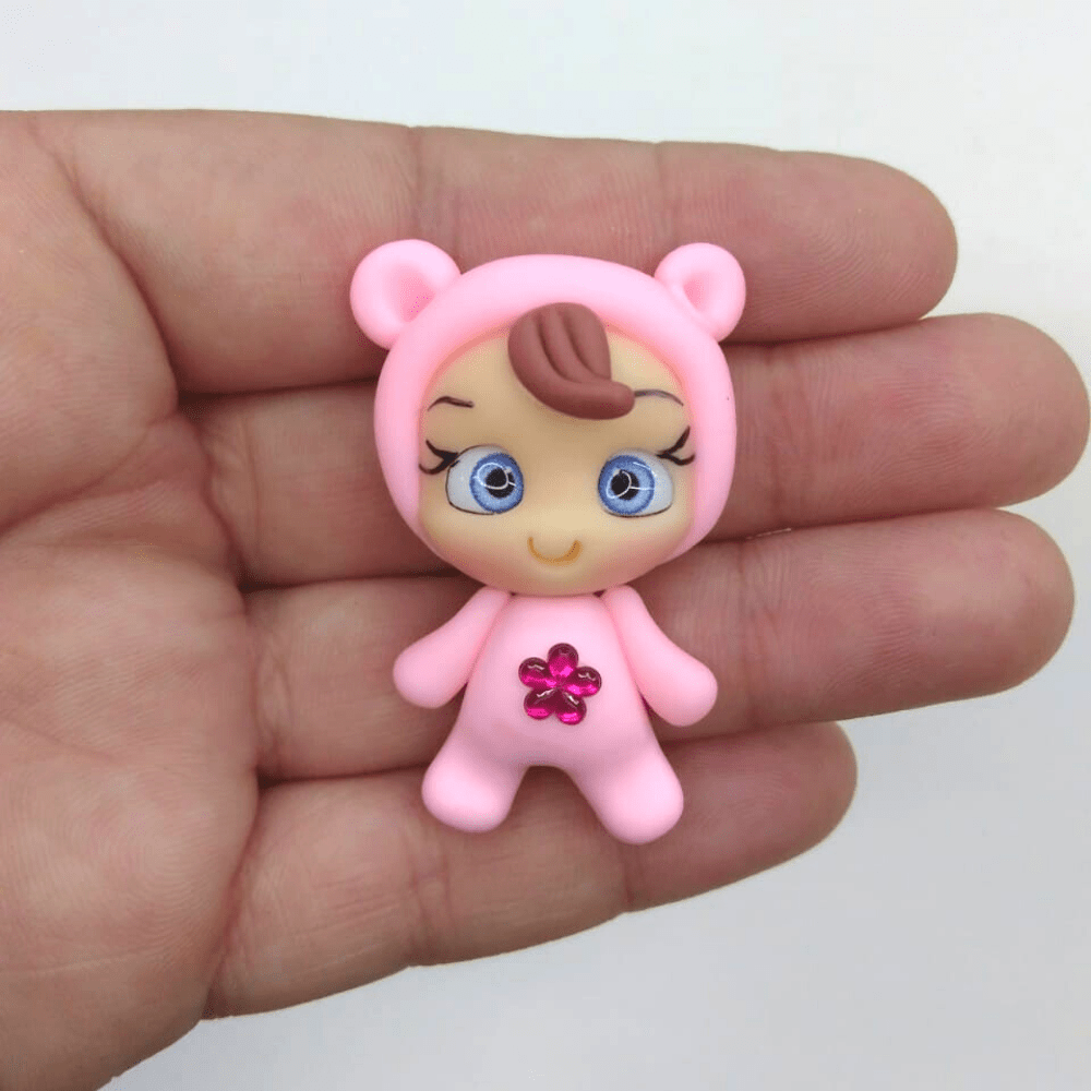 Aplique de Biscuit Menina Pijama Urso Flor Pink