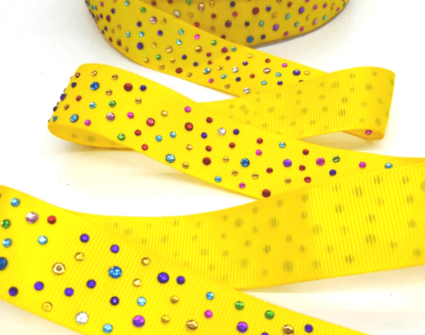 Fita Gorgurão Amarelo com Strass Colorido 23 mm