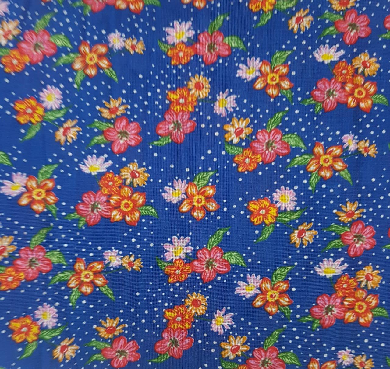 Tecido Chita Azul Floral Colorido e Poá