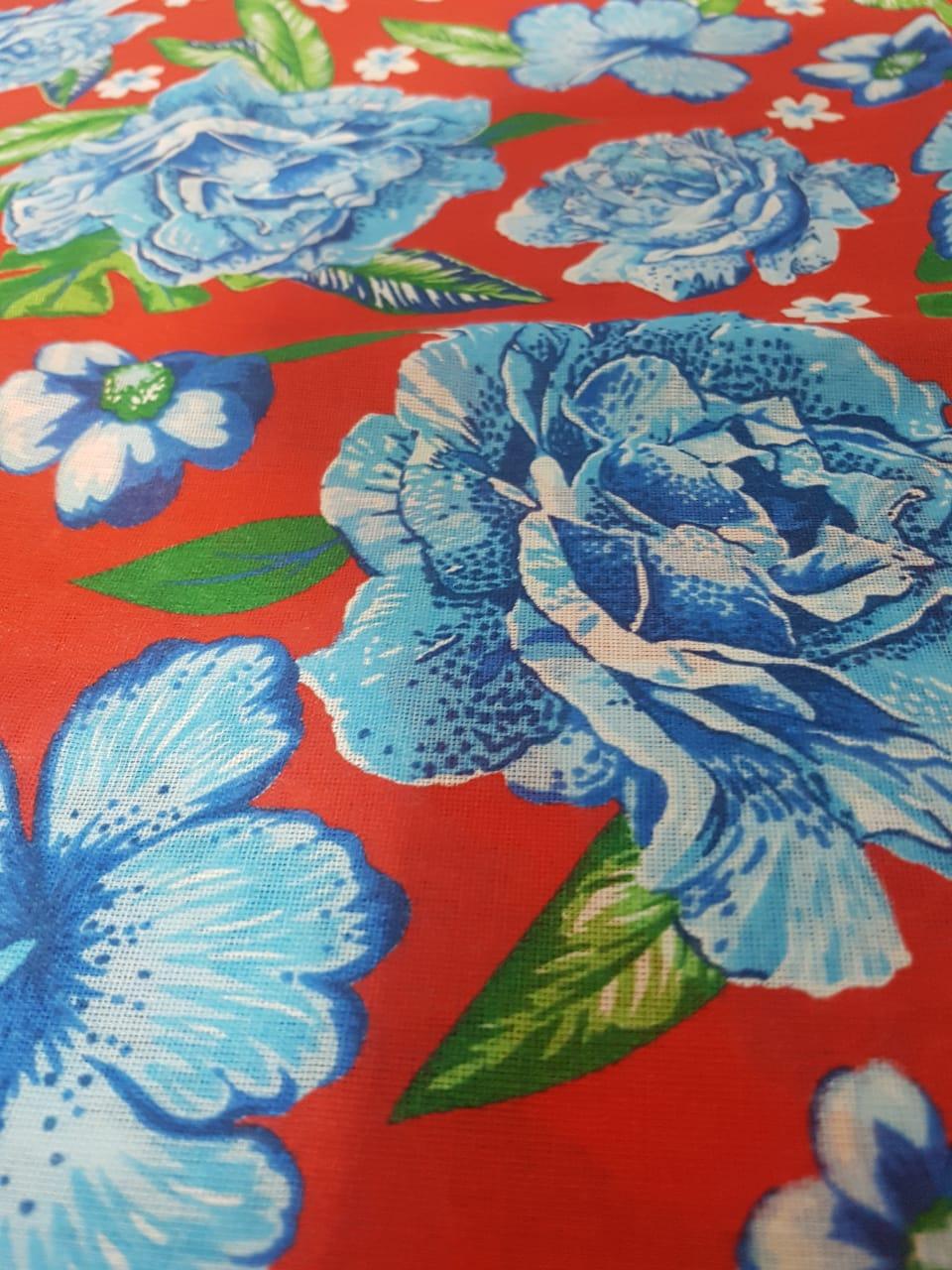 Tecido Chita Vermelho Floral Azul Folhas