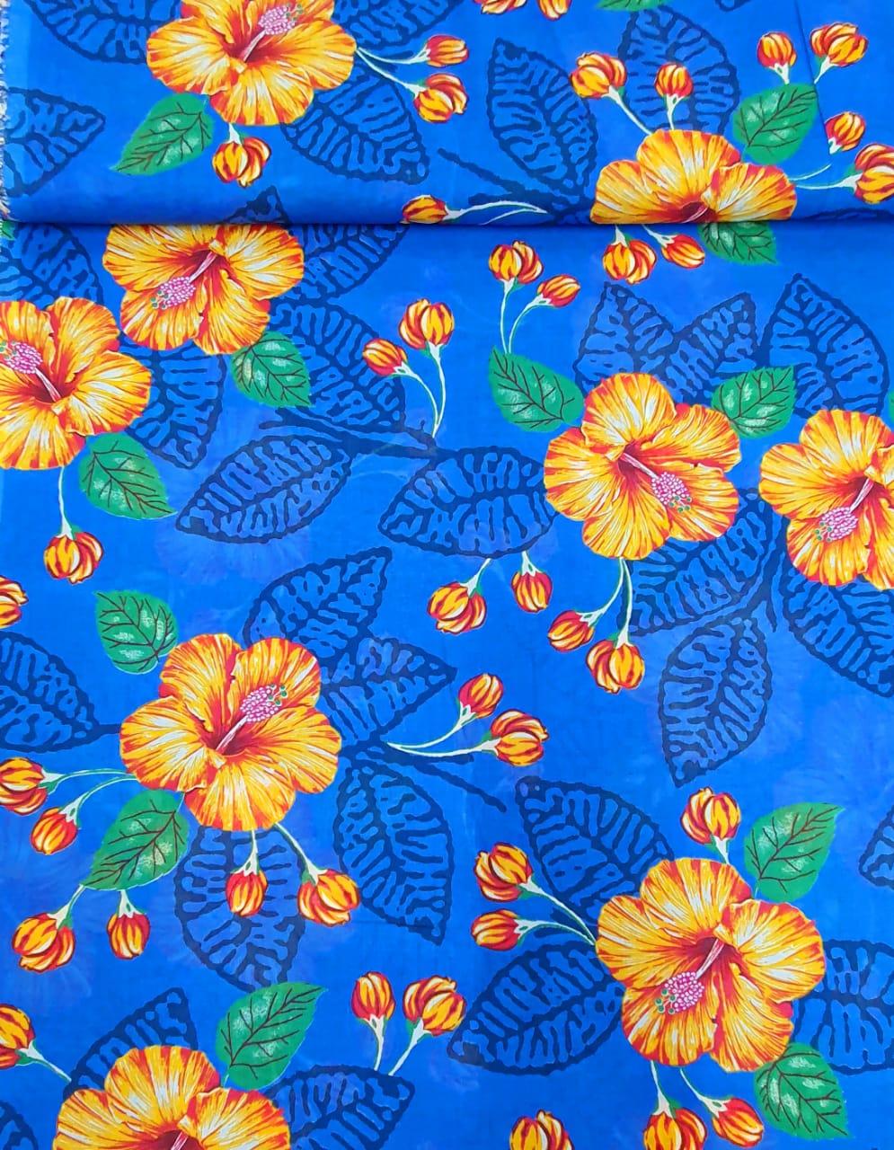  Tecido Chita Azul Floral Laranja