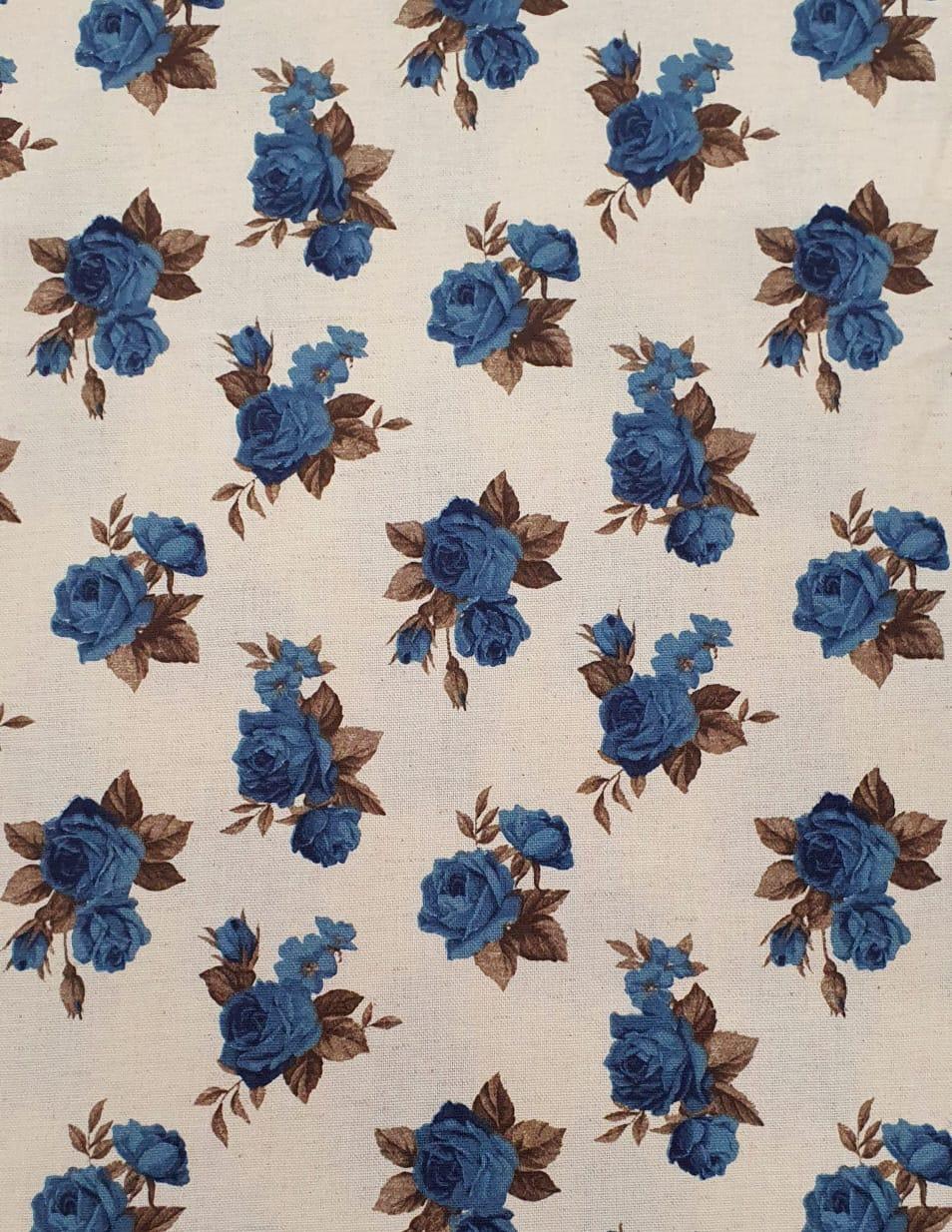 Tecido Linho Cotton Linen Cru Floral Azul