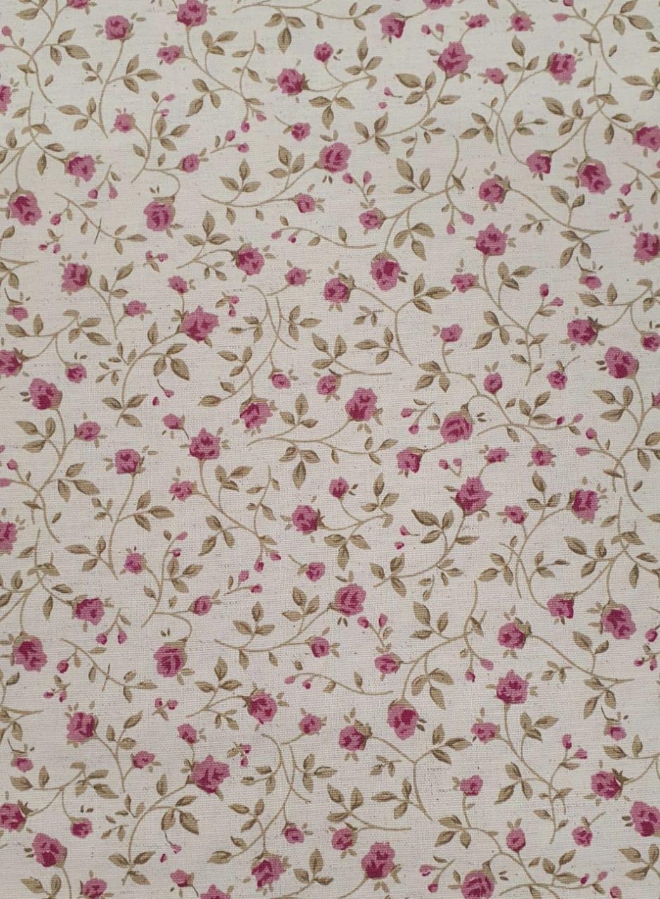 Tecido Linho Cotton Linen Cru  Flores Rosa