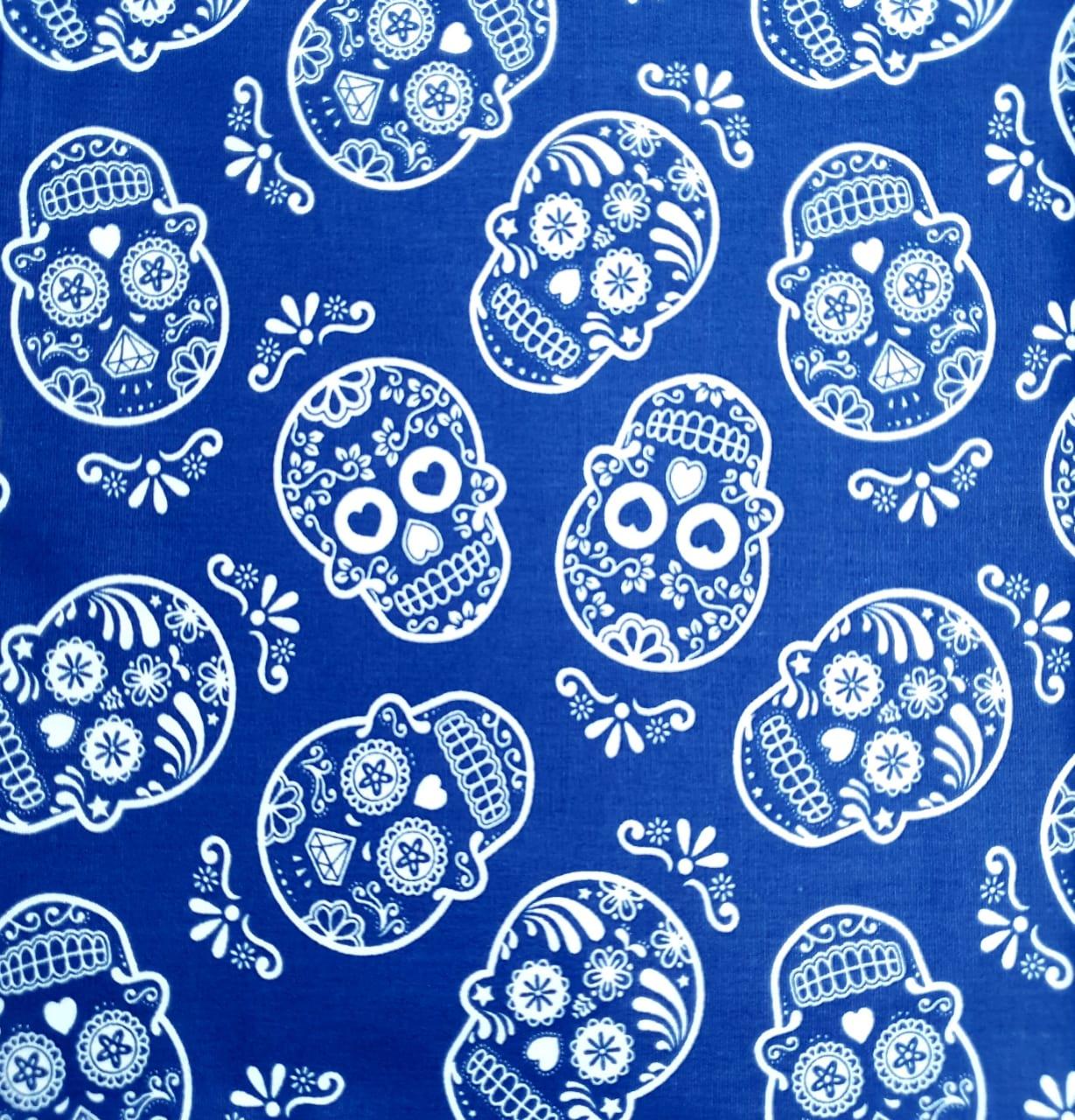 Tecido Tricoline Azul Caveiras Branca Mexicana