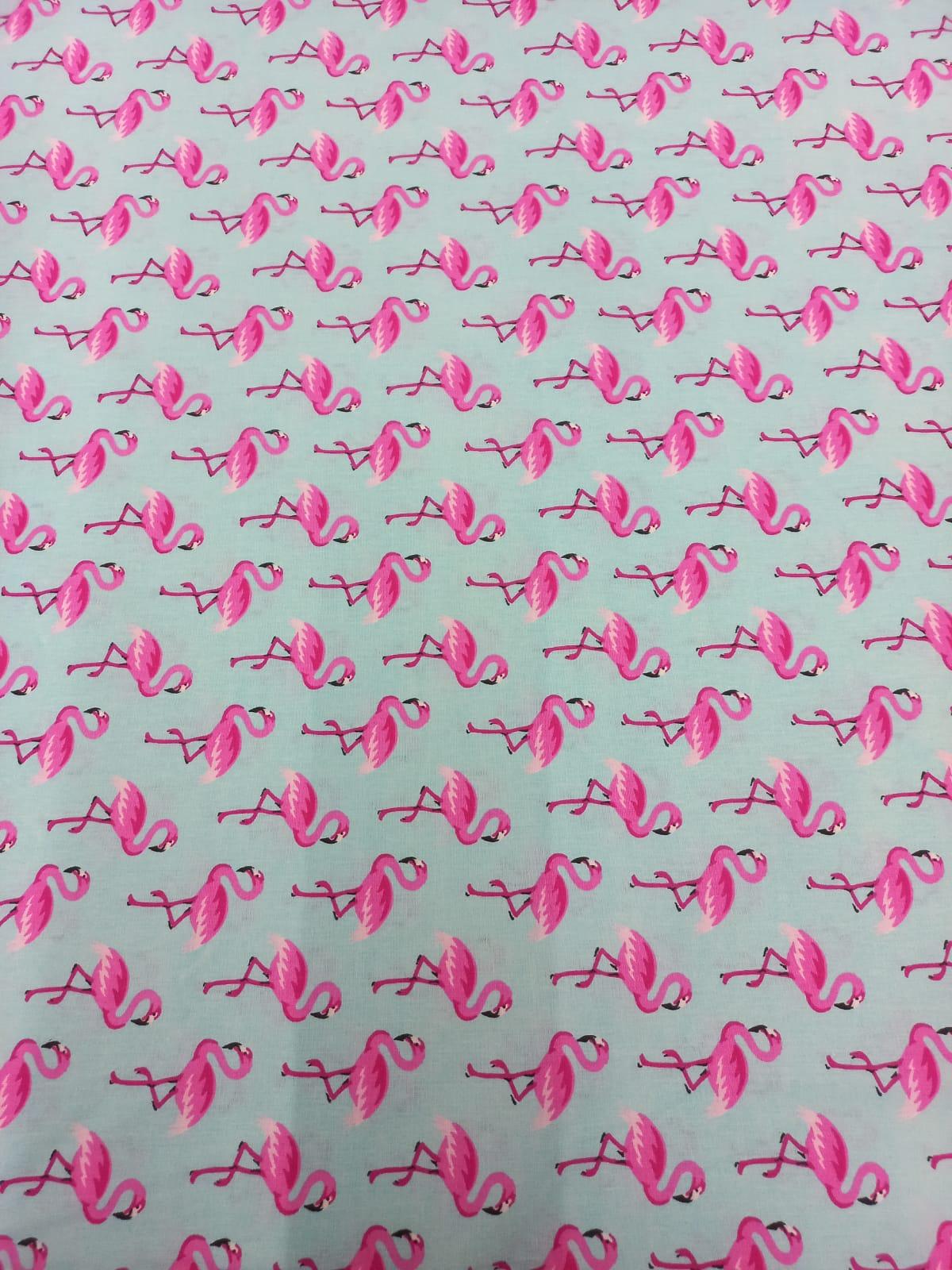 Tecido Tricoline Azul Flamingo Rosa