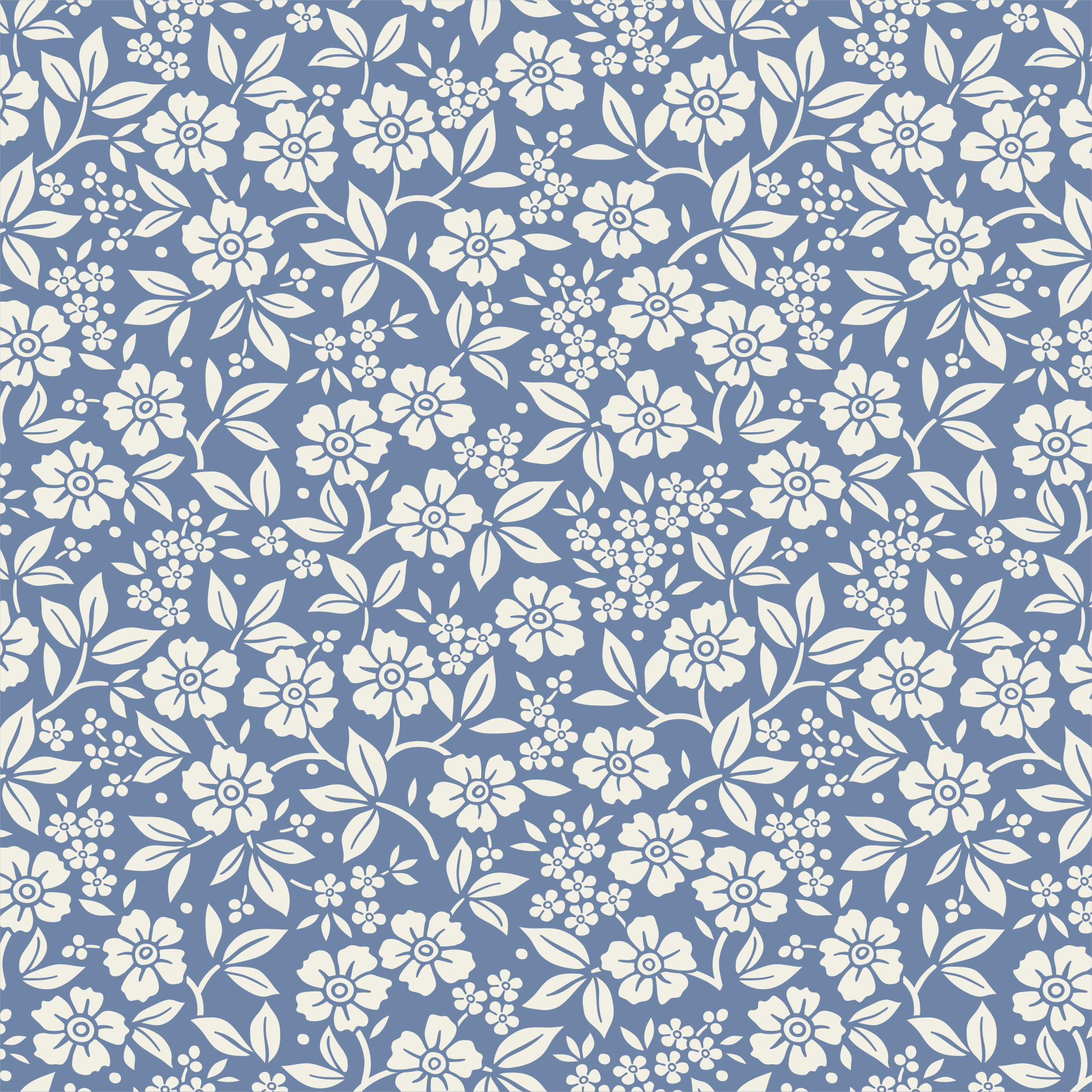 Tecido Tricoline Azul Jeans Flores e Folhas Ref:1319