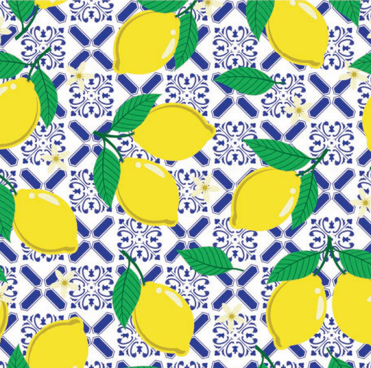 Tecido Tricoline Azulejo e Limão Siciliano 