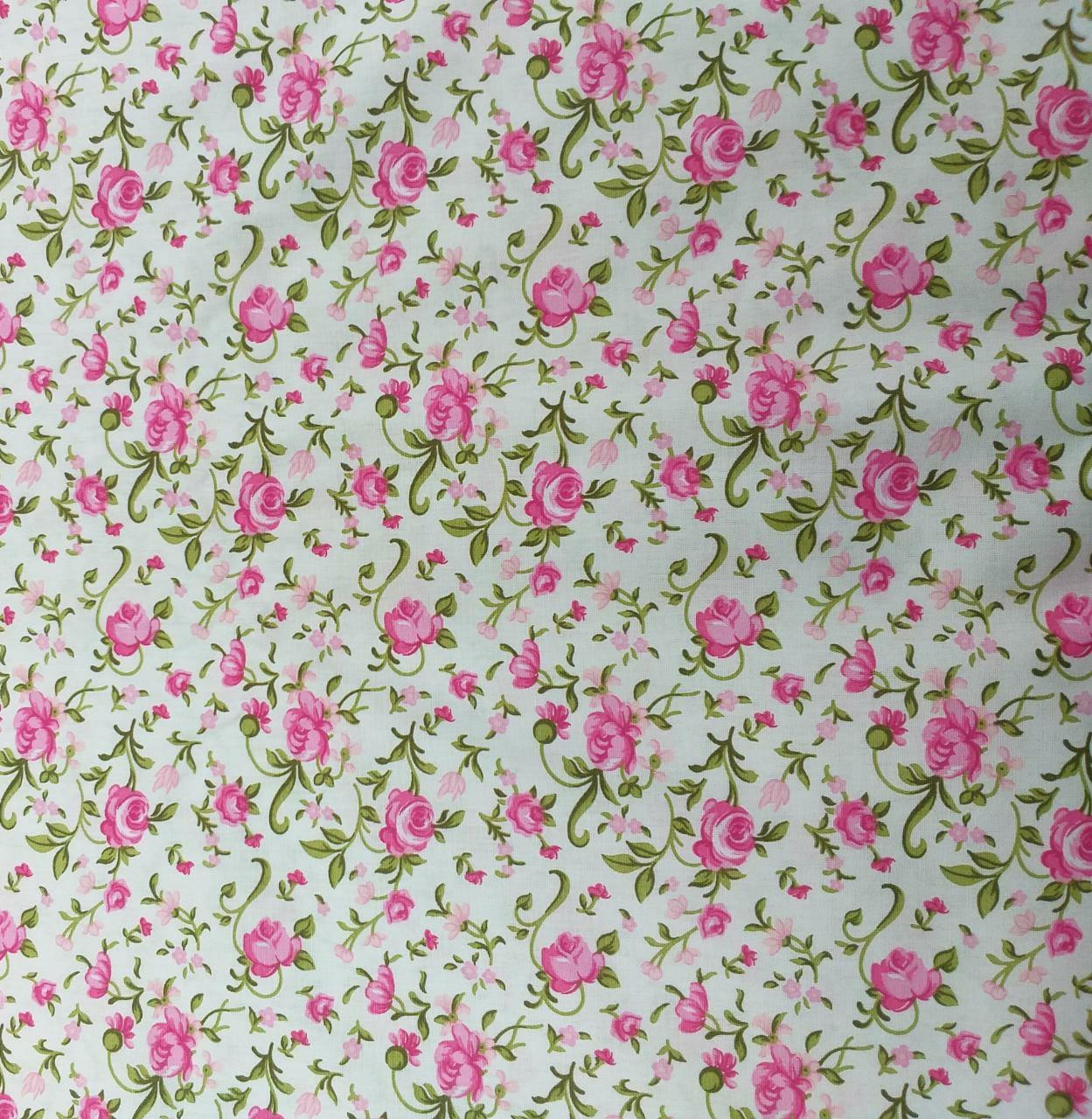 Tecido Tricoline Branco Floral Rosa Ref:01317