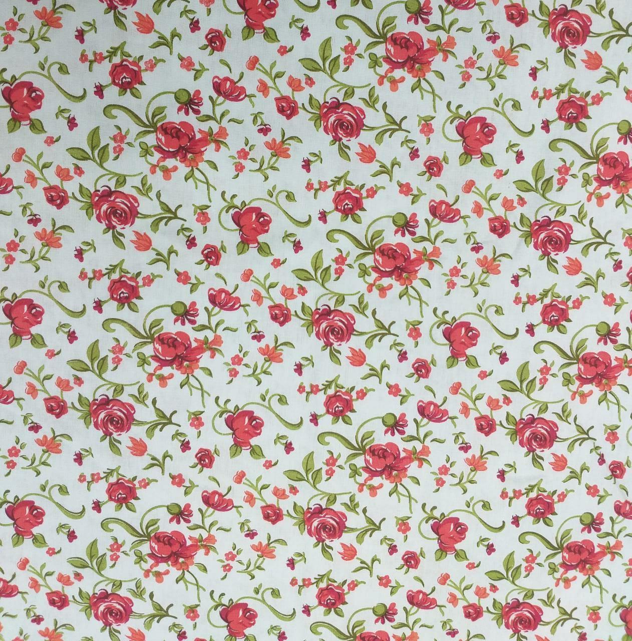 Tecido Tricoline Branco Floral Vermelho Ref:01317