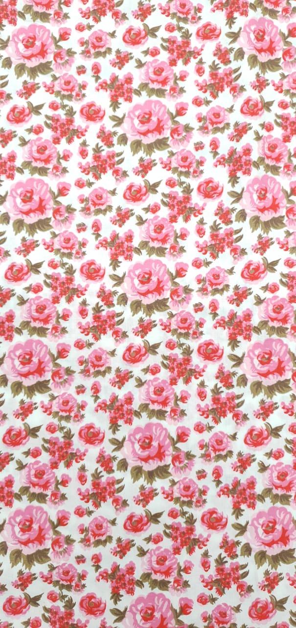 Tecido Tricoline Misto Branco Flores Rosa Folhas Marrom