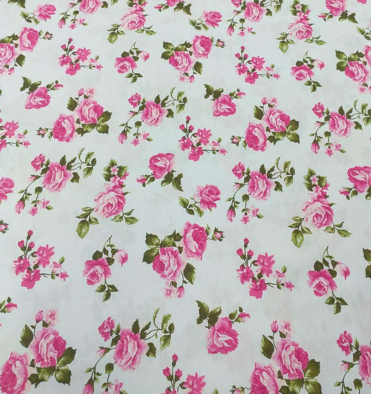 Tecido Tricoline Branco Flores Rosa  Ref: 01154