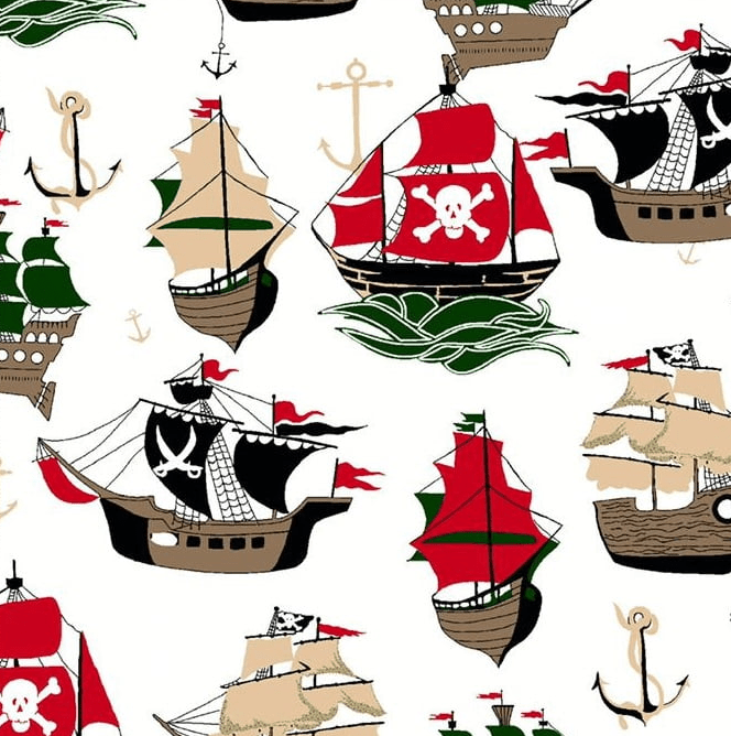 Tecido Tricoline Branco Navios Piratas