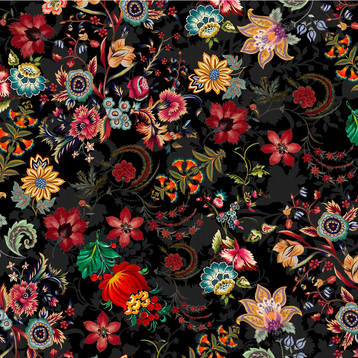 Tecido Tricoline Digital Preto Floral Colorido