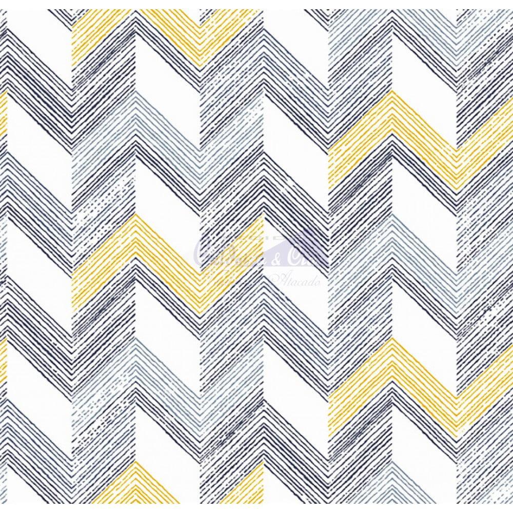 Tecido Tricoline Estampado Chevron Diana Azul Com Amarelo