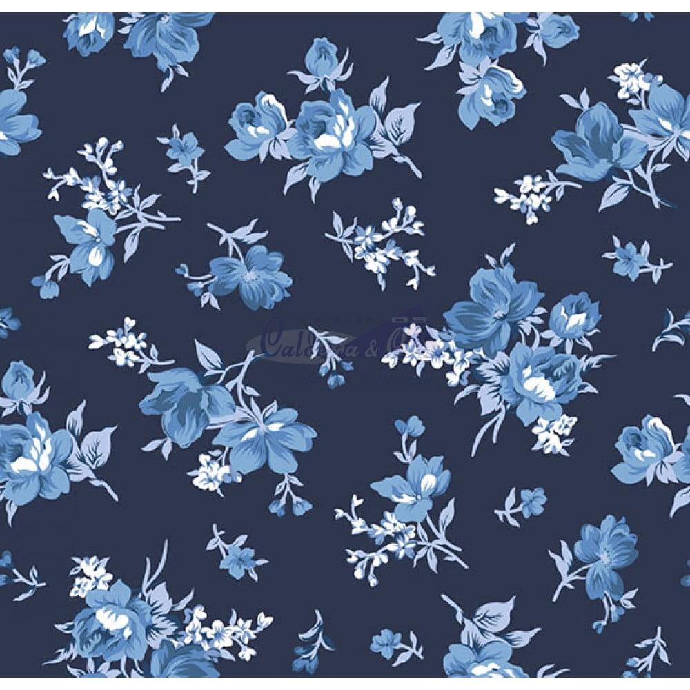 Tecido Tricoline Floral Raika Azul Marinho