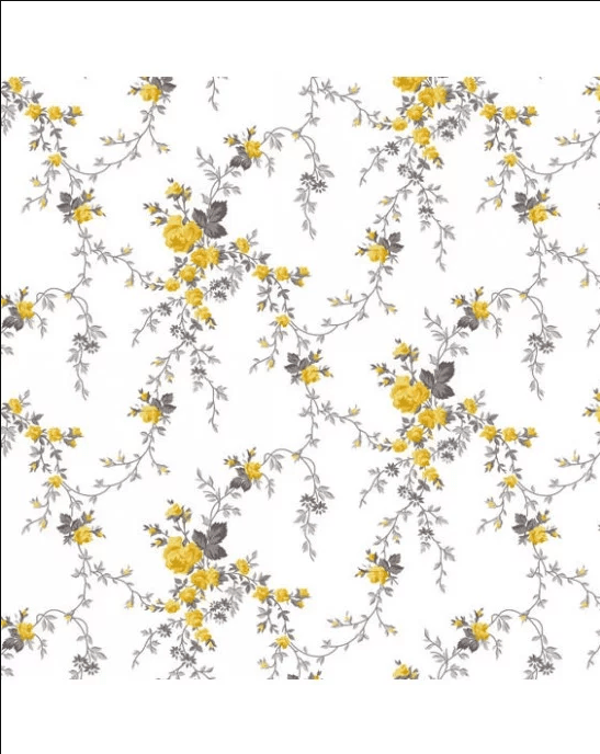 Tecido Tricoline Floral Sarah Branco Com Amarelo e Cinza