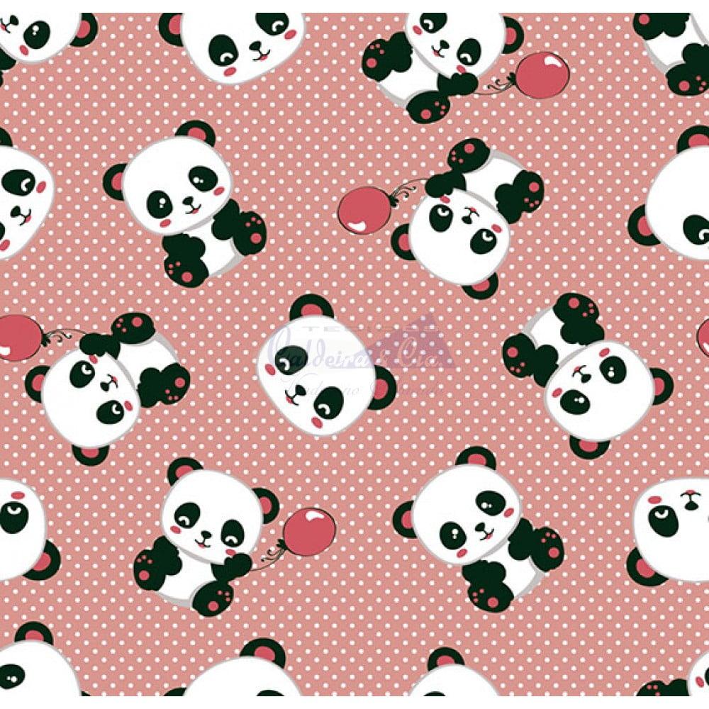Tecido Tricoline Pandas Rosa Chá Balões Vermelho