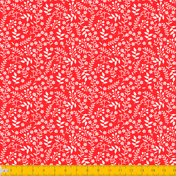 Tecido Tricoline Vermelho Folhas e Ramos Branco