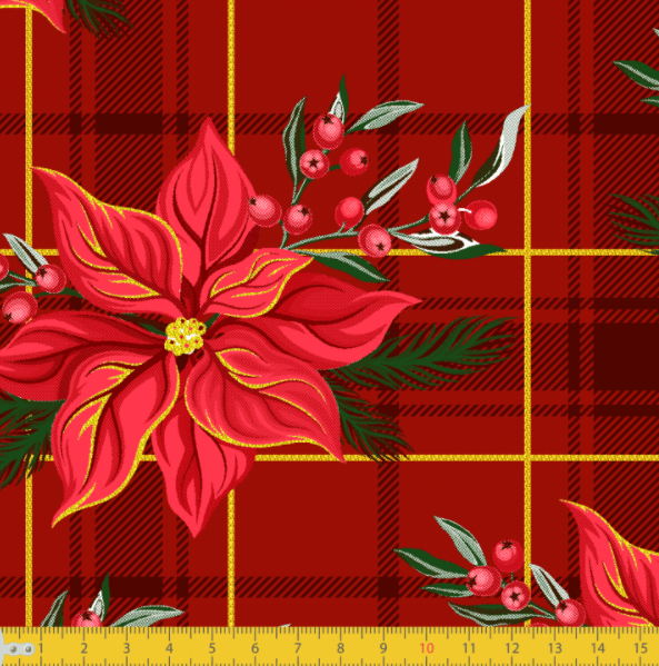 Tecido Tricoline Vermelho Xadrez Floral Natal Ref: 8053