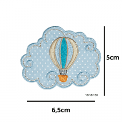 Aplique Termocolante Nuvem com Balão Azul Poá Branco 3 Unidades Ref:16/18/156