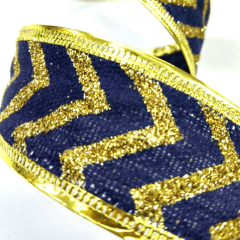 Fita Decorativa Chevron Azul Marinho com Dourado Aramada