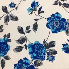 Tecido Percal Branco Floral Azul