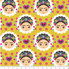 Tecido Tricoline Amarelo Frida Kahlo Ref 6178