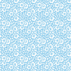 Tecido Tricoline Azul Claro Flores Branca