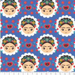 Tecido Tricoline Azul Frida Kahlo Ref: 6178