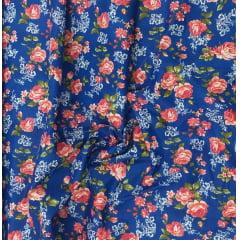 Tecido Tricoline Azul Marinho Flores Vermelhas  Ref: 01154