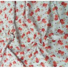 Tecido Tricoline Branco Flor Vermelha Ref: 01316