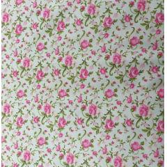 Tecido Tricoline Branco Floral Rosa Ref:01317