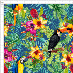Tecido Tricoline Digital Azul Escuro Floral Aves Ref :9007