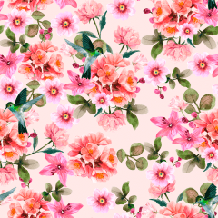 Tecido Tricoline Digital Rosa Floral Beija-Flor Ref:9005