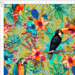 Tecido Tricoline Digital Verde Floral Aves Ref :9007