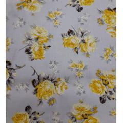 Tecido Tricoline Estampado Floral Jasmine Cinza Com Amarelo
