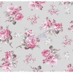Tecido Tricoline Estampado Floral Jasmine Cinza Com Rosa