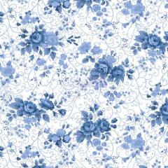 Tecido Tricoline Floral Fernanda  Branco Com Azul