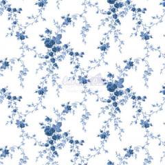 Tecido Tricoline Floral Sarah Branco Com Azul