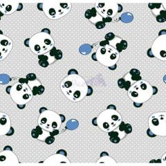 Tecido Tricoline Panda Cinza Balao Azul