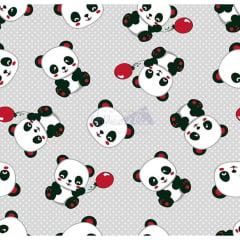 Tecido Tricoline Pandas Cinza Balões Vermelho